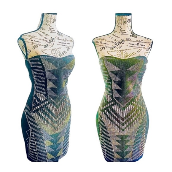 VA VA VOOM Gold Silver Blue Green Metal Beaded Dress M - Picture 2 of 10